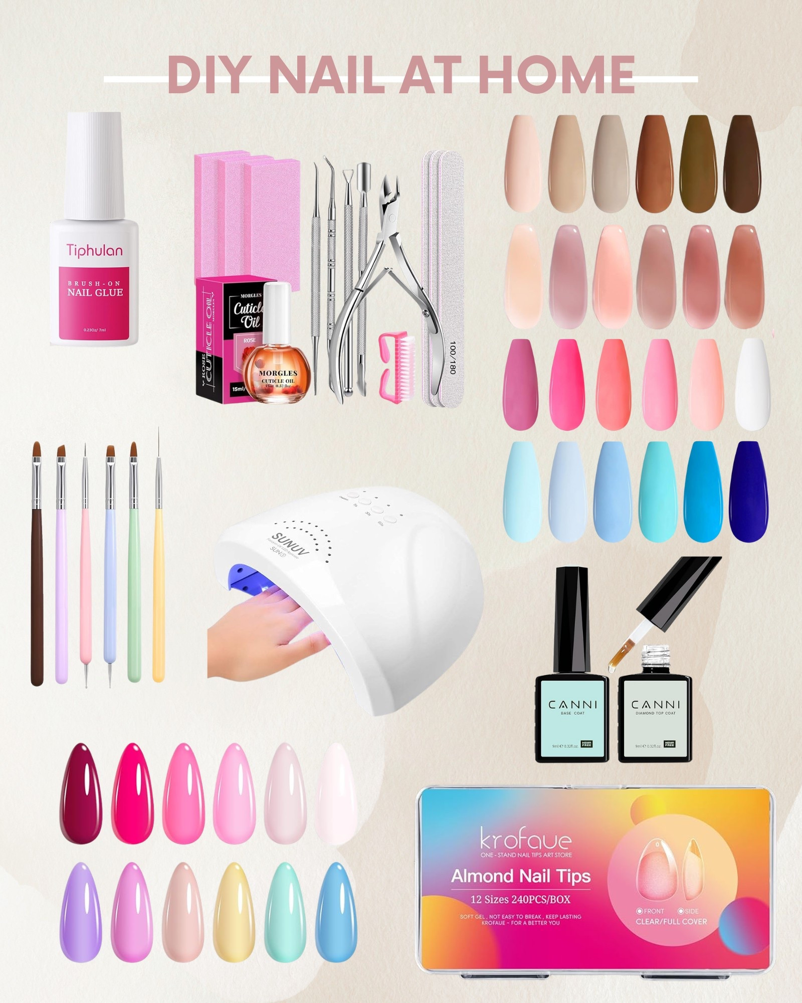 DIY nail at home with gel nail polish, uv light, base and top coat, fake almond nails, nail glue, nail art tools - Amazon beauty 

#LTKSaleAlert #LTKBeauty #LTKFindsUnder50