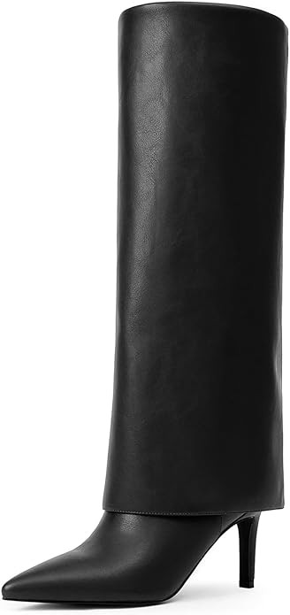 Knee High Boots Women Fold Over Boots Pointed Toe Stiletto Heel Long Shark Tall Boots with Zipper | Amazon (US)