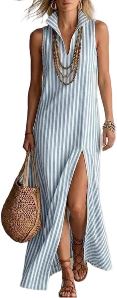 Women's Summer Striped Maxi Casual Dress Sleeveless V Neck Splited Boho Beach Vacation Dresses | Amazon (US)