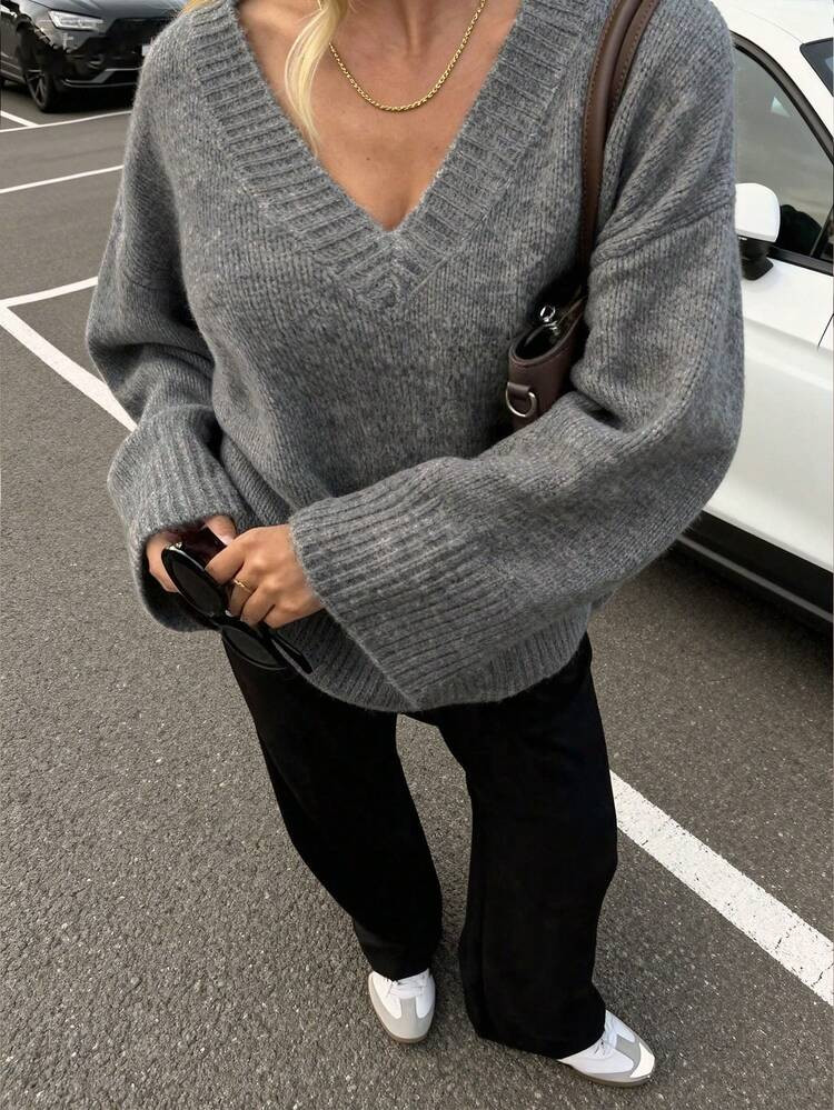 FOR BEAUTY Women's V-Neck Gray Long Sleeve Knit Sweater, Fashionable Minimalist Loose Fit, Elegant And Casual, Suitable For Daily Commute, An Ideal Choice For Women's Autumn/Winter And New Year Stylish Outfit | SHEIN