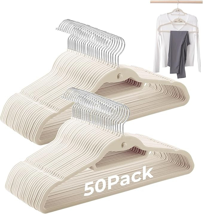 Ivory Velvet Hangers 50 Pack, Felt Covered Non Slip Fabric with Stackable Cascading Hook, Ultra T... | Amazon (US)