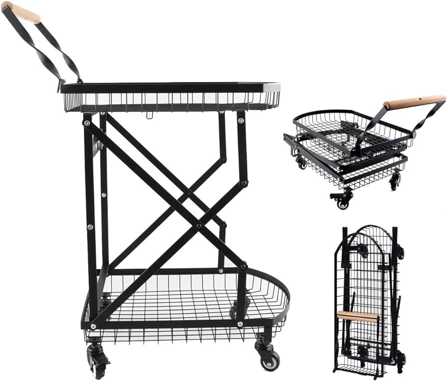 CYJZWOH Multi Use Functional Collapsible Carts, 2-Tier Metal Mobile Folding Trolley Shopping Cart... | Amazon (US)