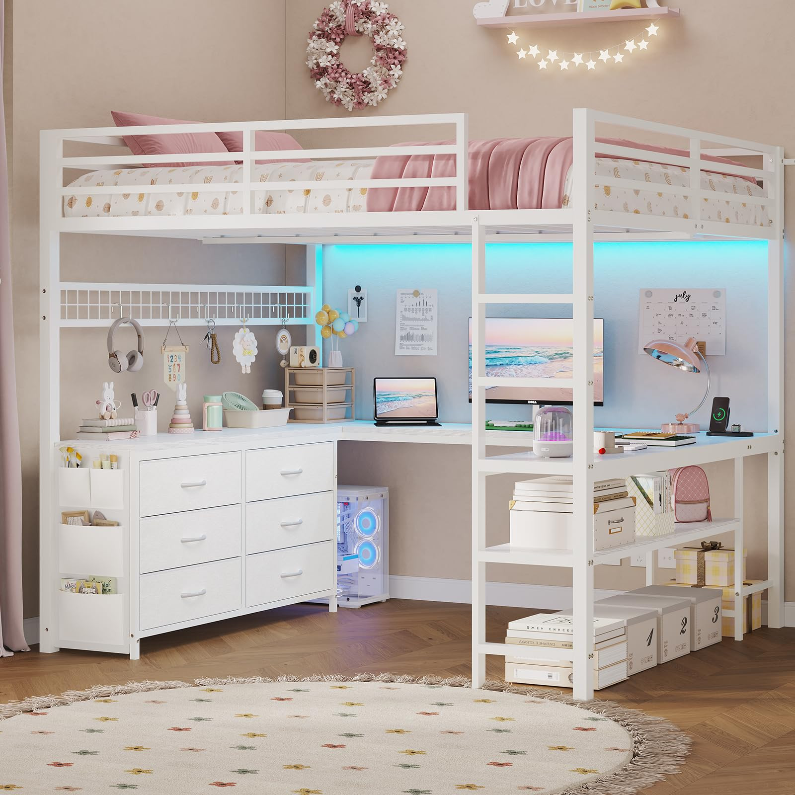 ADORNEVE Loft Bed Full Size with U-Shaped Desk, 6 Storage Drawers, Power Outlet, LED Metal Loft B... | Amazon (US)