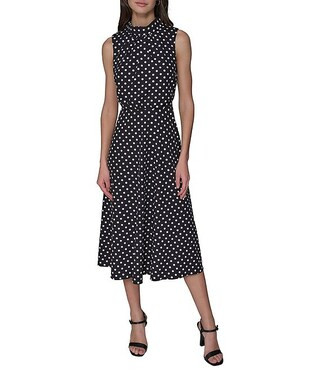 KARL LAGERFELD PARIS Crepe Dotted Print Mock Neck Sleeveless Midi Dress | Dillard's | Dillard's