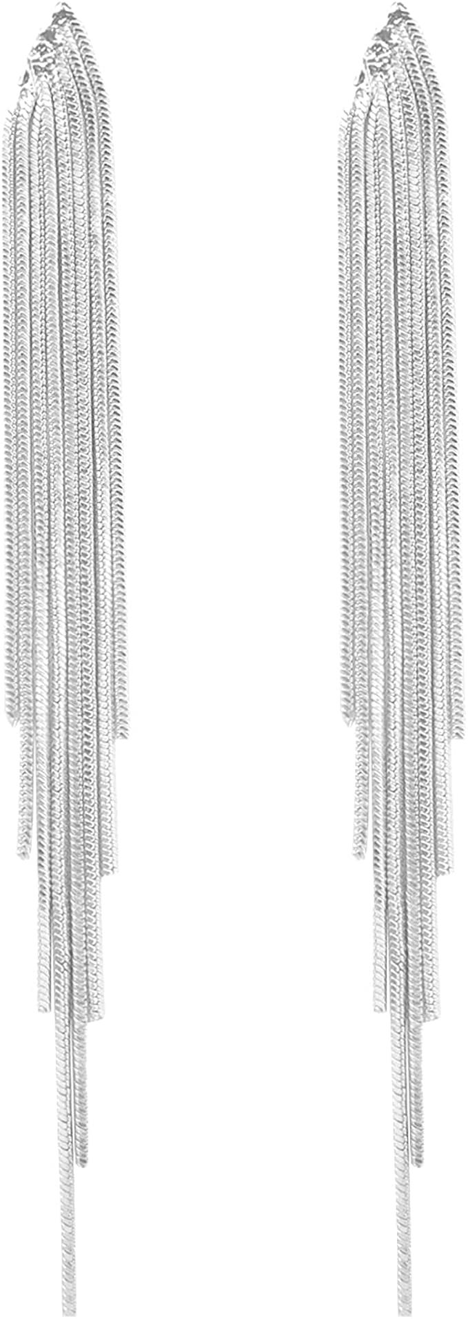 Amazon.com: Siver Tassel Earrings Long Chain Earrings for Women Teen Girls Tassel Dangle Drop Ear... | Amazon (US)