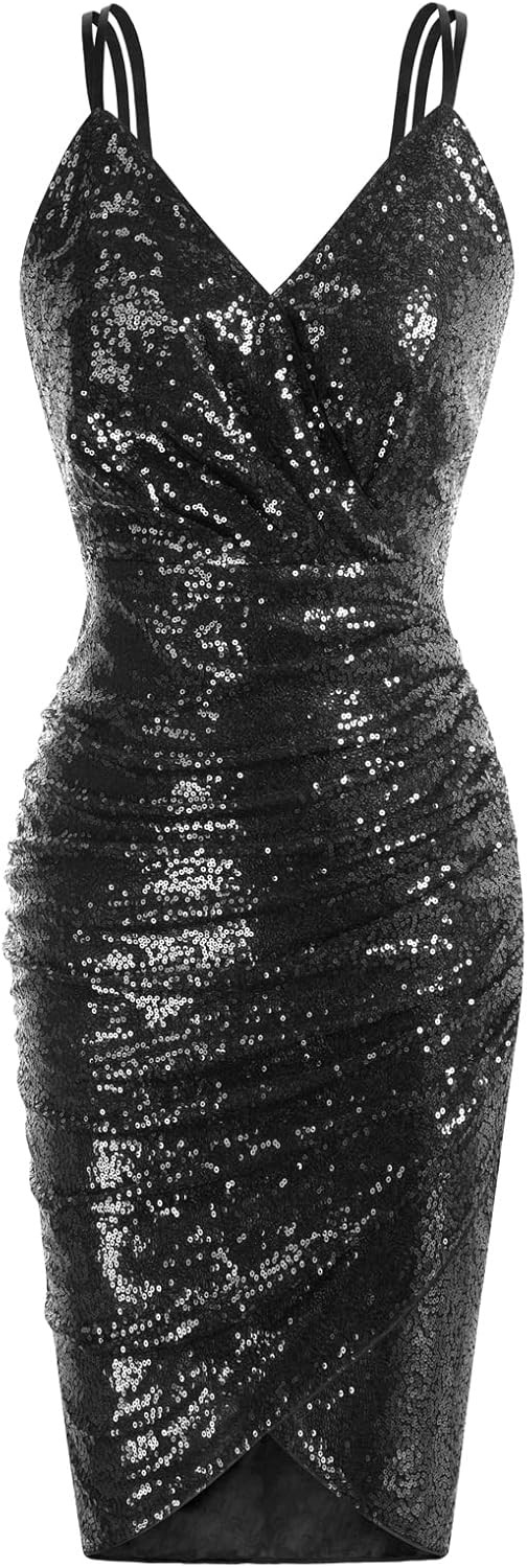 GRACE KARIN Women's Sexy Sequin Sparkly Glitter Ruched Party Club Dress Spaghetti Straps Wrap V-N... | Amazon (US)
