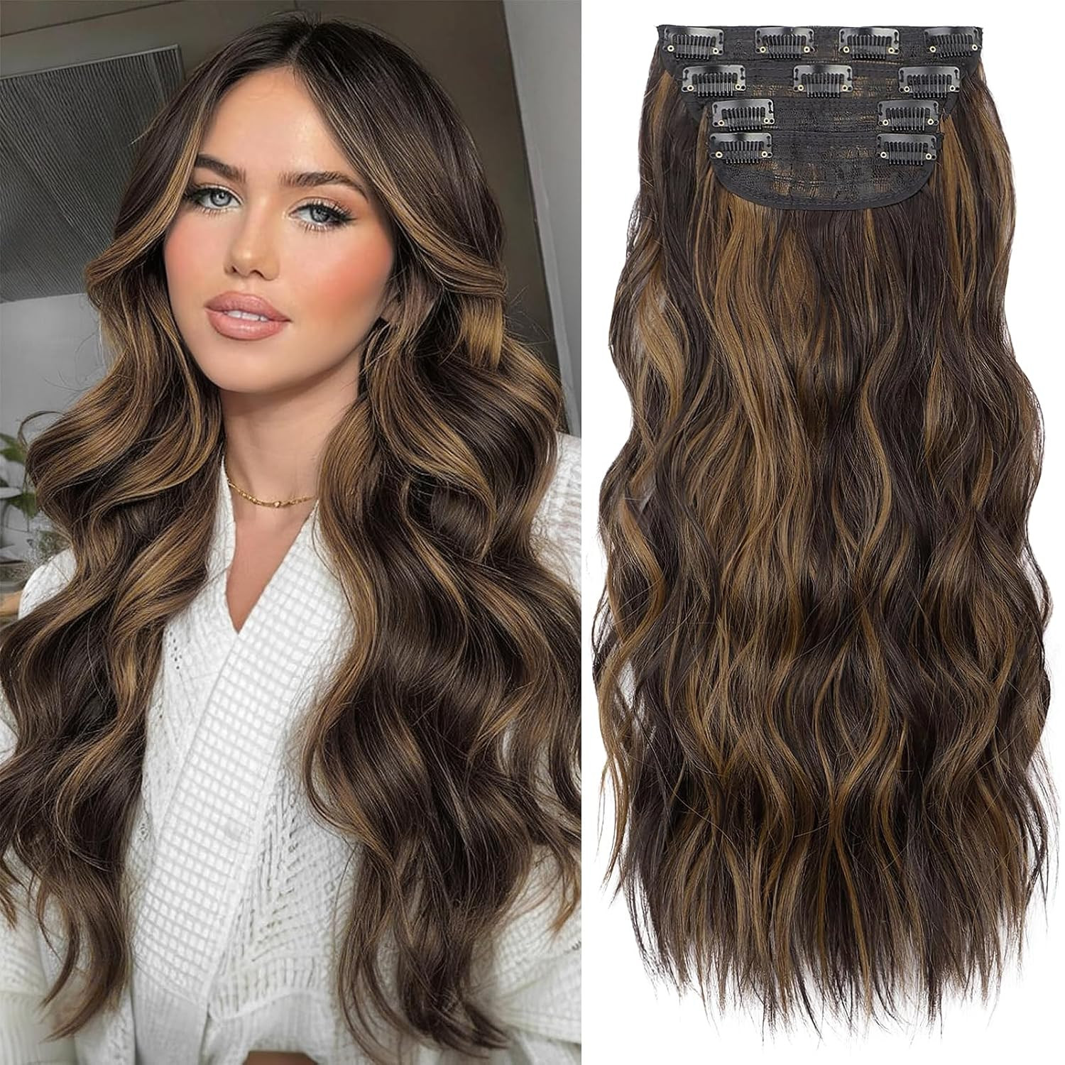KooKaStyle Clip in Hair Extensions Long Wavy 4PCS Thick Hairpieces Synthetic Highlight Hair Exten... | Amazon (US)