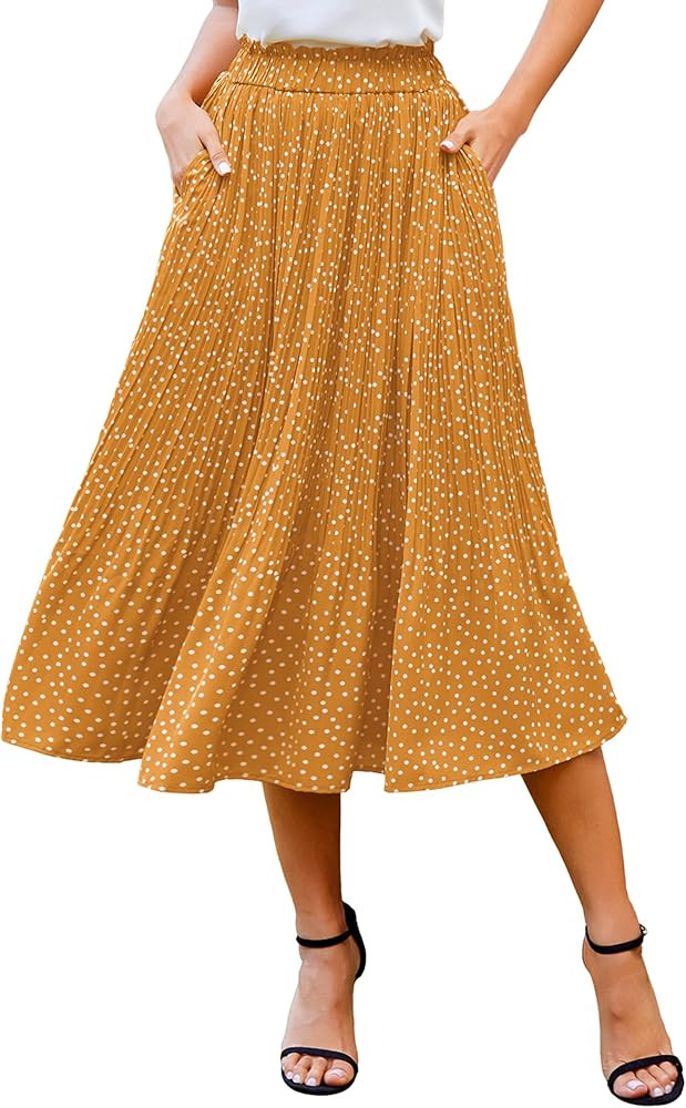 Zeagoo Women's Midi Skirts Elastic High Waist Skirt Polka Dot Casual Pleated Skirt with Pockets | Amazon (US)