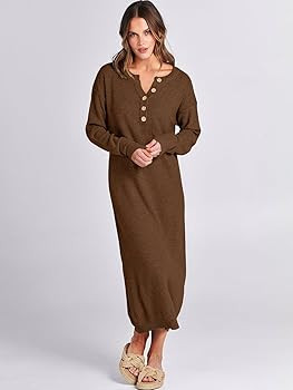 Women Sweater Dress Long Sleeve Button V Neck Oversized Casual Loose Fall Waffle Knit Long Dress | Amazon (US)