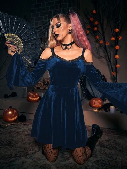 Contrast Lace Cold Shoulder Velvet Dress | SHEIN