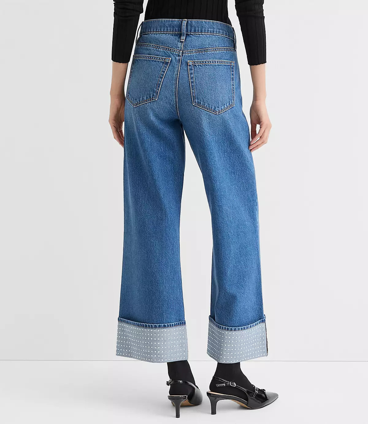 Embellished Cuffed High Rise Wide Leg Crop Jeans in Bright Mid Indigo Wash | LOFT