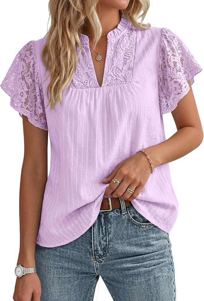 GRACE KARIN Womens Lace Short Sleeve Tops Summer Dressy Casual Cotton Blouses Flowy V Neck Dress ... | Amazon (US)