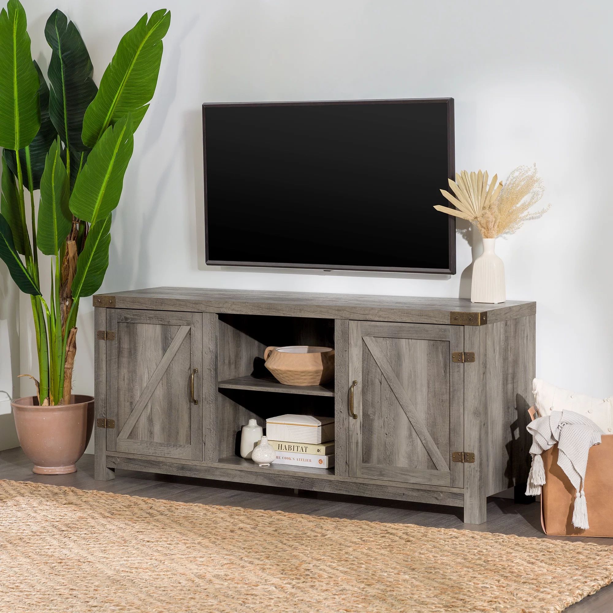 Woven Paths Modern Farmhouse Barn Door TV Stand for TVs up to 65", Grey Wash | Walmart (US)