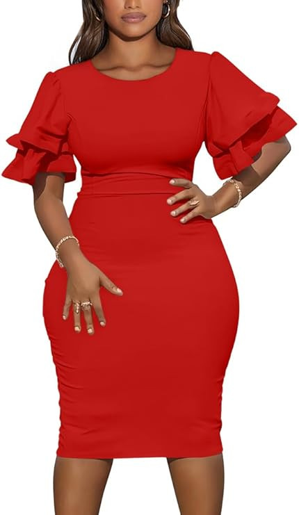 DAAWENXI Women's Elegant Bodycon Ruffle Short Sleeve Cocktail Midi Pencil Dress | Amazon (US)