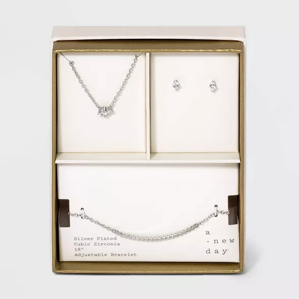 Silver Plated Cubic Zirconia Chain Necklace Earring and Bracelet Set - A New Day™ Silver | Target