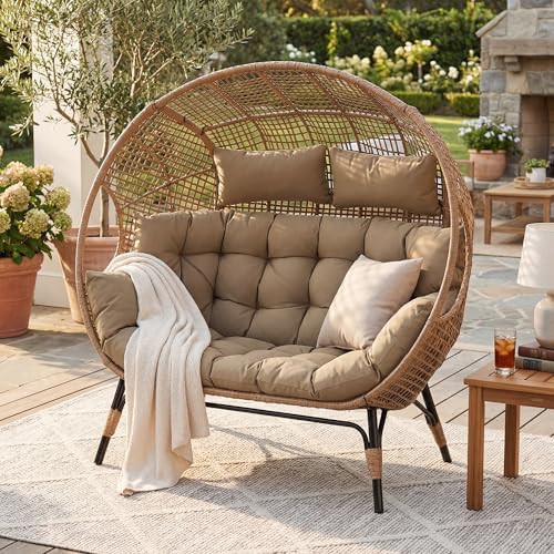 BULEXYARD Double Egg Chair Indoor Outdoor, 2 Person Brown Wicker Oversized Stationary Egg Chair with Brown Thick Cushion, Patio Wide Lounge Loveseat with Legs for Balcony, Porch | Amazon (US)