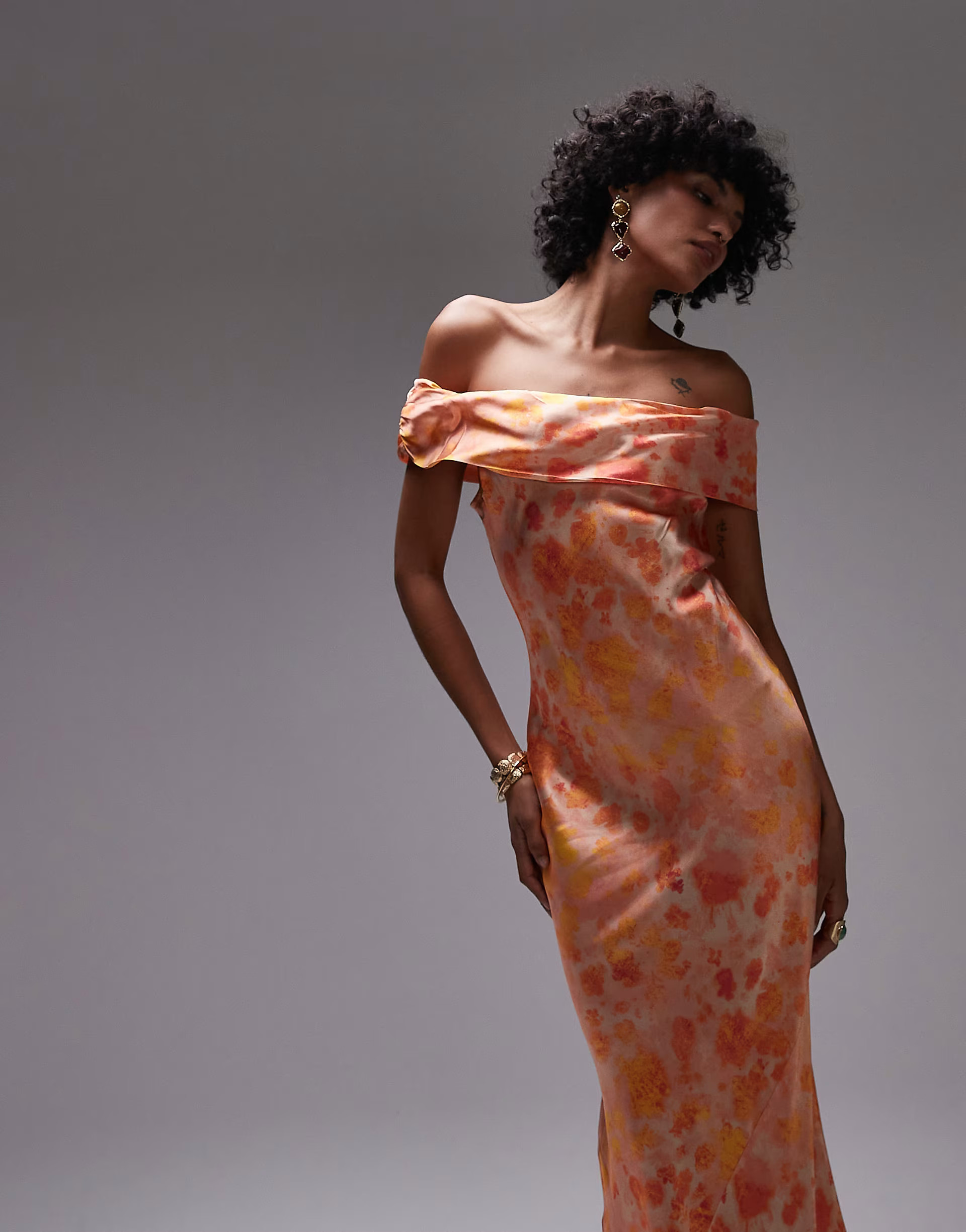 Topshop drape shoulder maxi occasion dress in blurred orange floral | ASOS (Global)