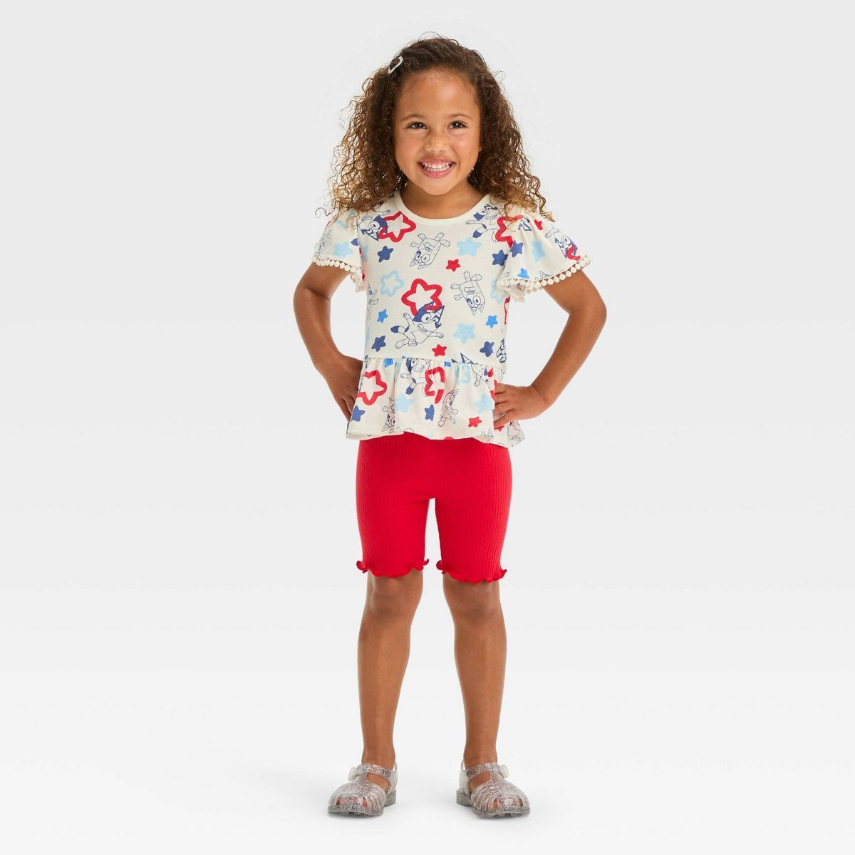 Toddler Girls' Bluey Americana Ribbed Biker Top and Bottom Shorts Set - Ivory | Target