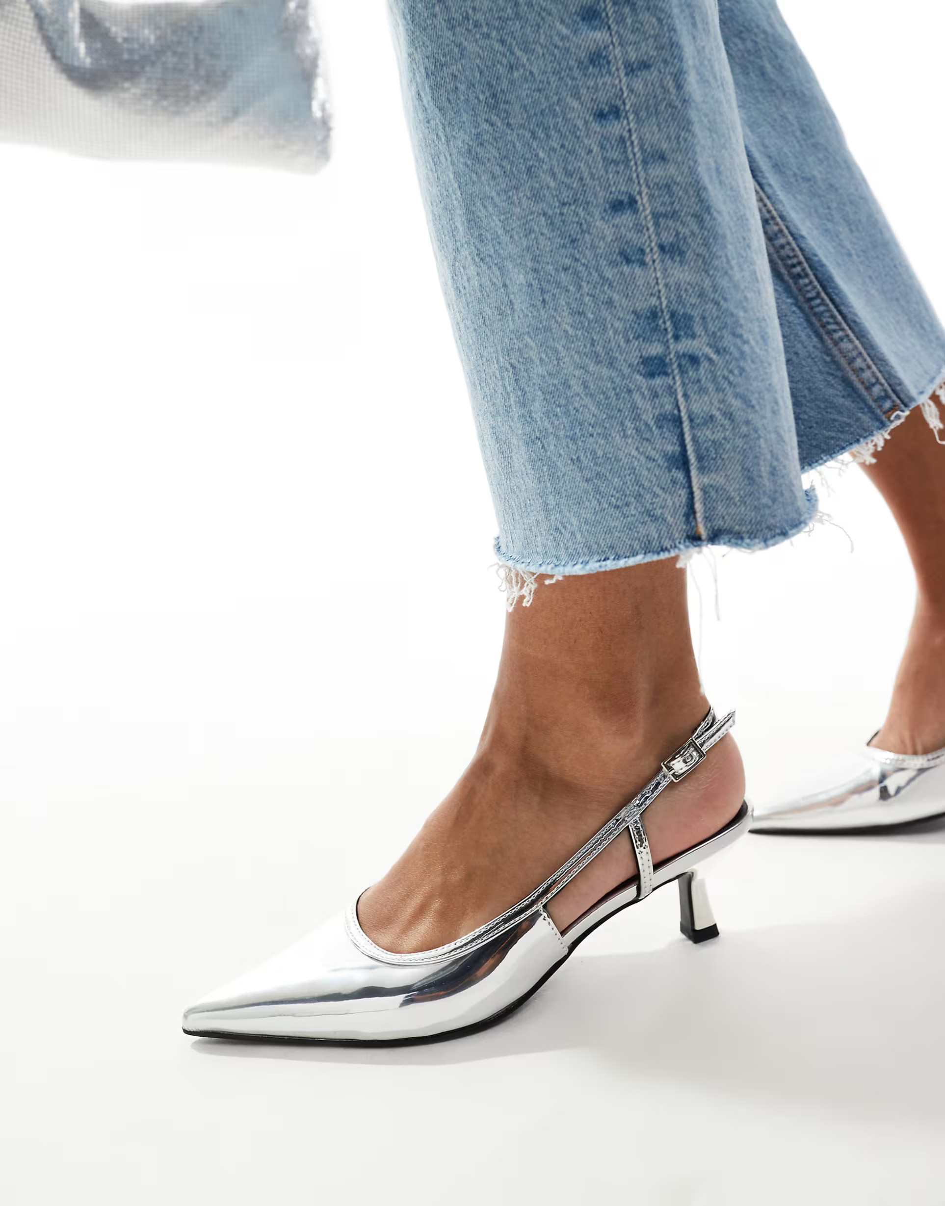 ASOS DESIGN Strut slingback kitten heeled shoes in silver | ASOS (Global)