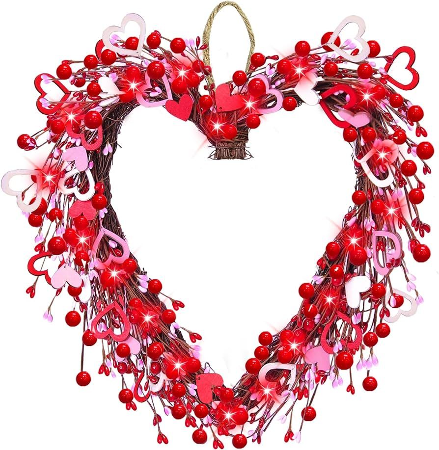 Valentine's Day Wreaths for Front Door, Valentine's Day Wreath with 24 Wood Hearts and Red Berry,... | Amazon (US)
