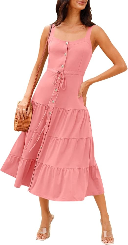 DEEP SELF Women’s Summer Casual Midi Dress Button Down Sleeveless Drawstring Waist Tiered Flow... | Amazon (US)