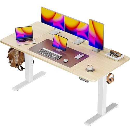 Huuger 55 x 28 Large Electric Standing Desk, Height Adjustable Desk, 27.6" Deep Desktop, Stand up Gaming Computer Office Desk with 2 Hooks, 3 Preset Heights, for Home Office, Maple | Amazon (US)