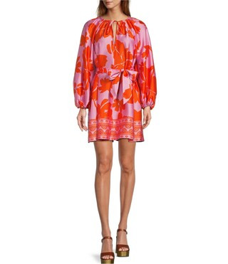 Raffaella Floral Print Satin Split V-Neck Long Balloon Sleeve Tie Waist Dress | Dillard's