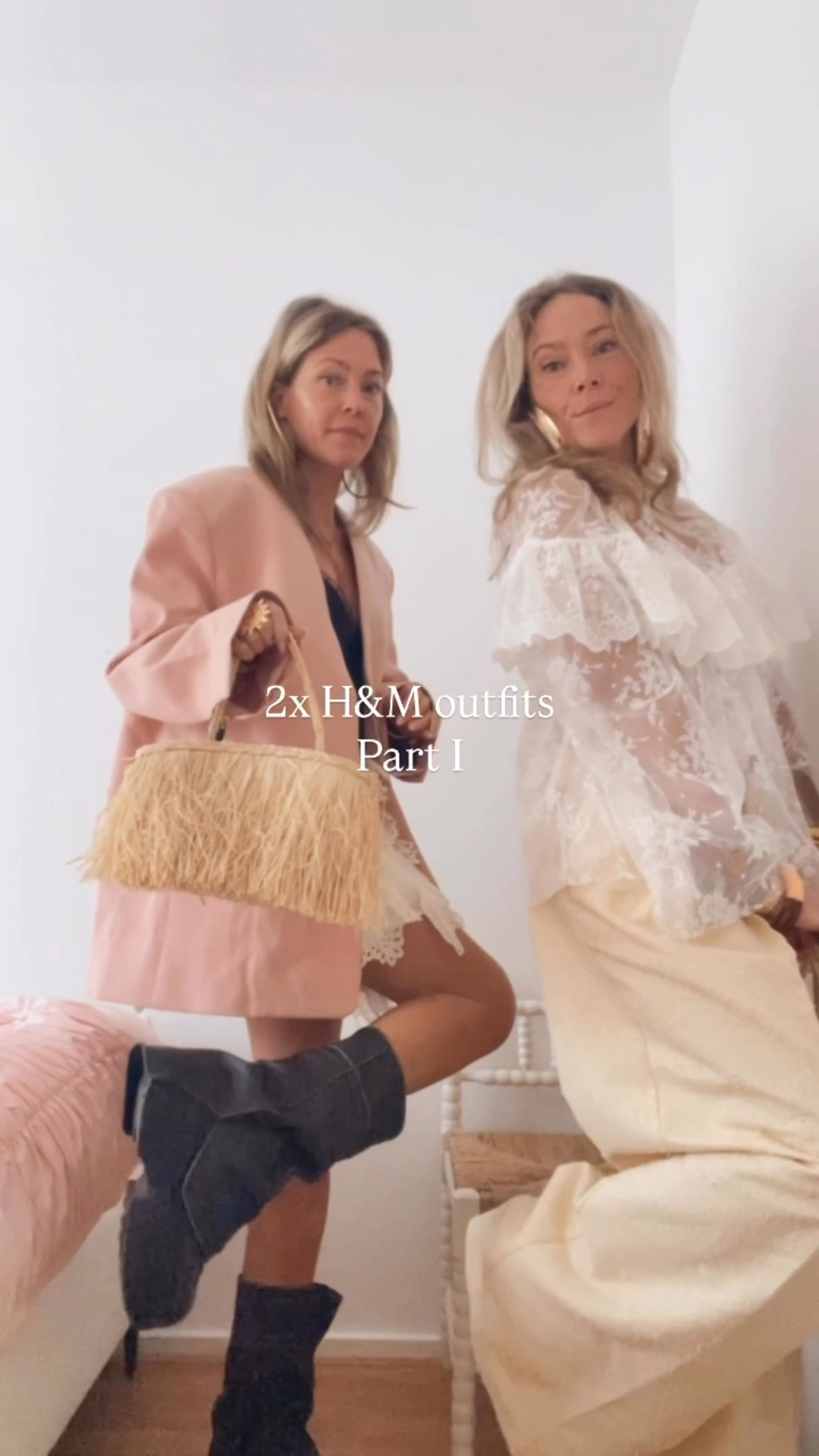H&M new in and how we style these new amazing fits! butter yellow pants, lace top, ruffle skirt, oversized pink blush oversized blazer totally Chloe bohemian kinda vibes loveeeeeee!! And these cute twinning straw bags 🥹🥹 We wear size XL in the blazer, medium in the lace top, medium in the ruffle skirt and size 40 in the pants ✨