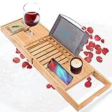 Luxury Bamboo Bathtub Caddy Tray - Adjustable Natural Wood Bath Tub Organizer with Wine Holder, Cup  | Amazon (US)