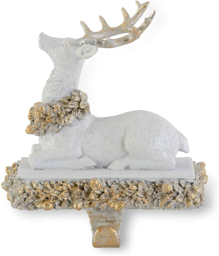 K&K Interiors 54237A 8 Inch White and Gold Glittered Sitting Reindeer Stocking Holder | Amazon (US)