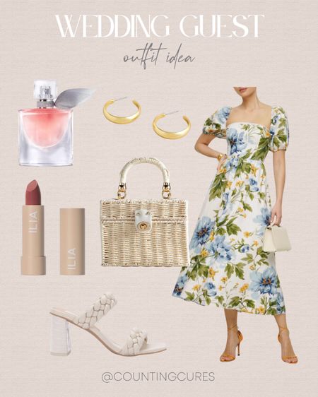 Wedding guest outift idea for spring and summer: floral midi dress paired with a rattan handbag, white braided heels, and gold earrings!
#springfashion #outfitinspo #formalwear #beautypicks

#LTKStyleTip #LTKSeasonal #LTKShoeCrush