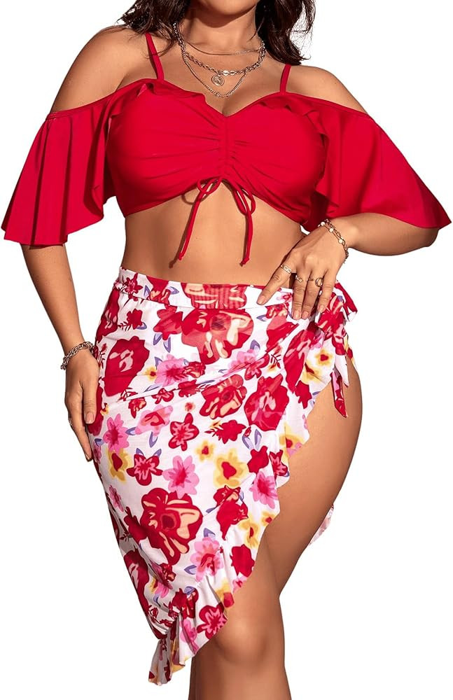 SHENHE Women's Plus Size 3 Piece Swimsuits Ruffle Cold Shoulder Bikini with Cover Up Floral Skirt... | Amazon (US)