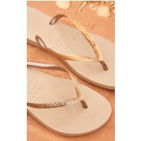 Gold Metallic Havaianas Slim Glitter Flip Flops, Yellow | PrettyLittleThing UK