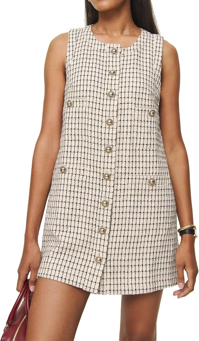 Women's Plaid Tweed Tank Dress Sleeveless Bodycon Jackie O Dresses Crew Neck Elegant Button Down ... | Amazon (US)