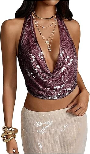 WDIRARA Women's Sexy Deep V Cowl Neck Blackless Sequin Halter Top | Amazon (US)