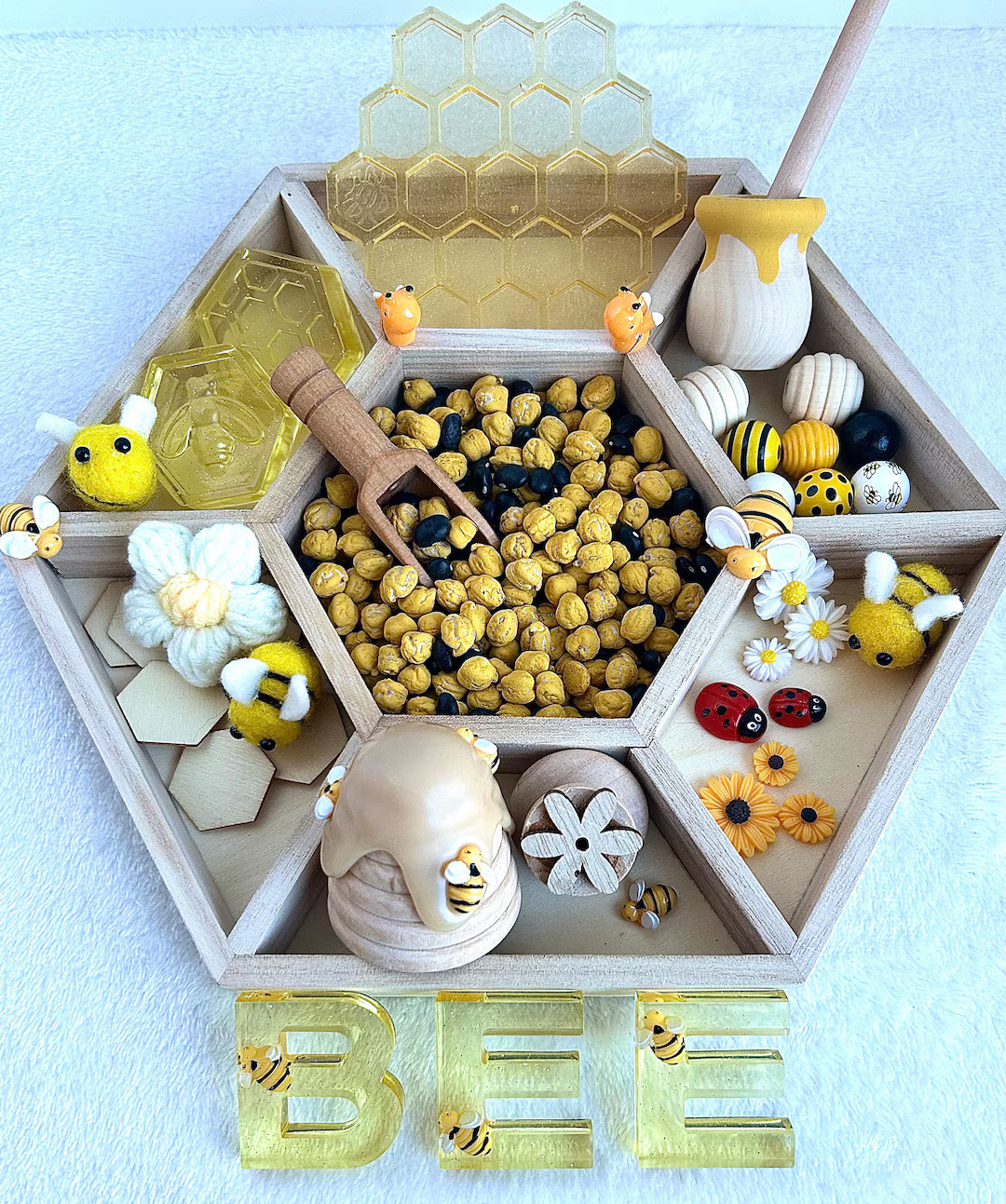 Spring Bee Sensory Bin Loose Parts Tinker Tray Montessori Sensory Playdough Kit Resin Letters Ope... | Etsy (US)