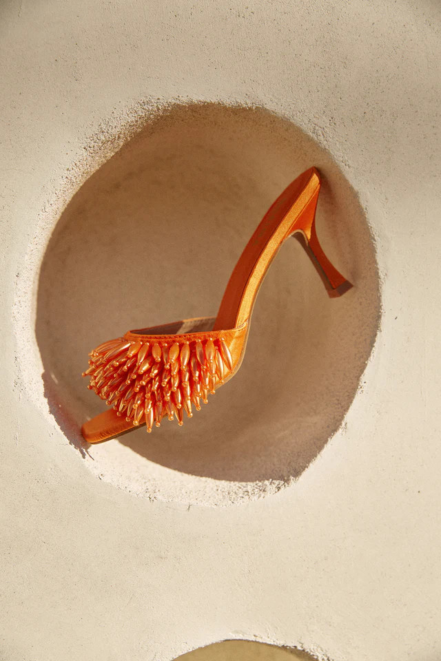 Miss Lola | Orange Beaded Mid Heel Mules | MISS LOLA