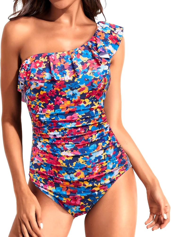 Tempt Me Women One Piece Swimsuits Tummy Control One Shoulder Bathing Suits Ruffle Swimwear | Amazon (US)