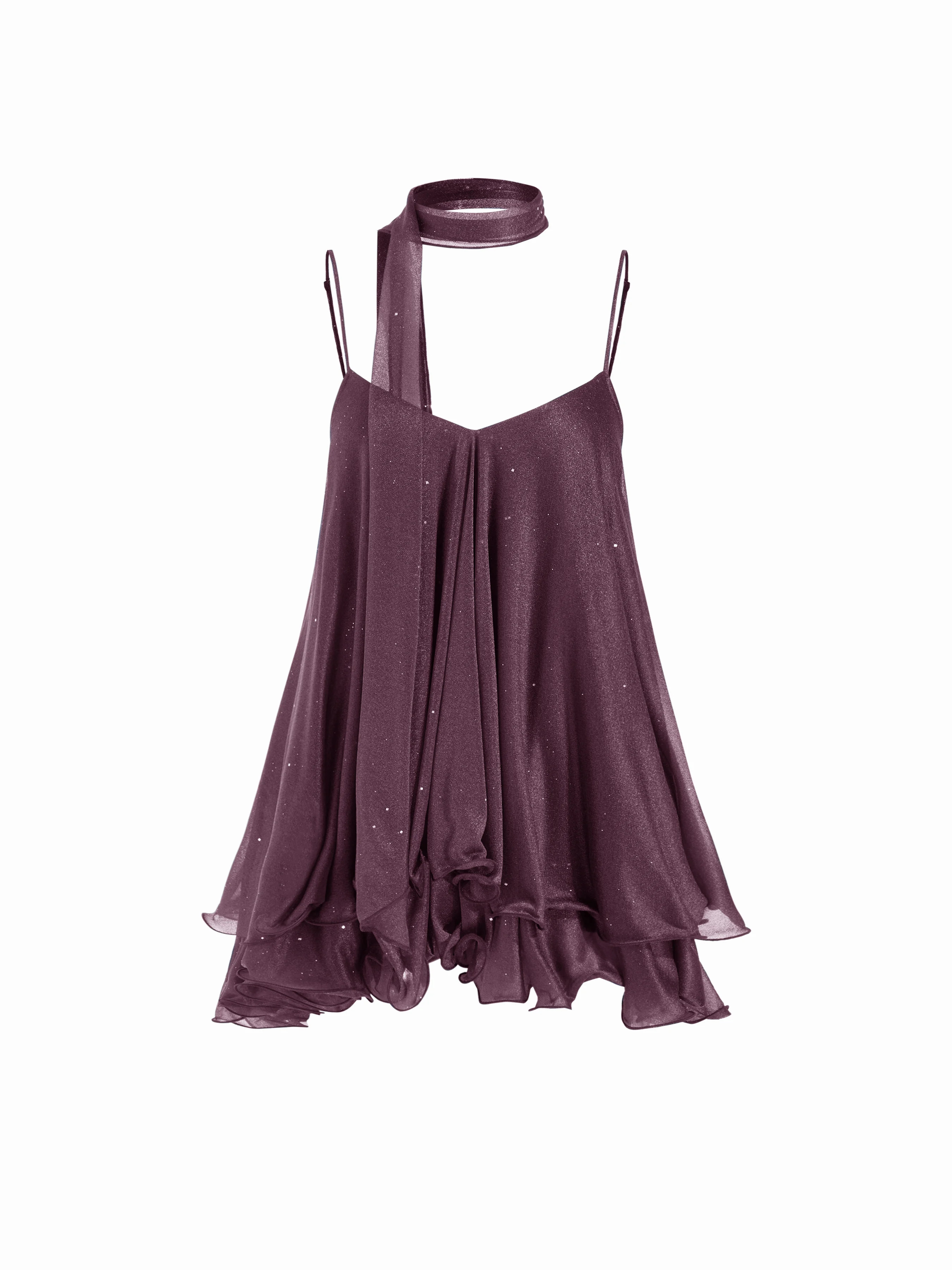 Sequin V-Neck Halter Ruffled Hem Oversized Mini Dress With Scarf | Cider