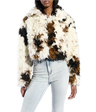 Azalea Wang Enora Cream Abstract Cow Print Sherpa Oversize Neck Zip Front Bomber Jacket | Dillard... | Dillard's