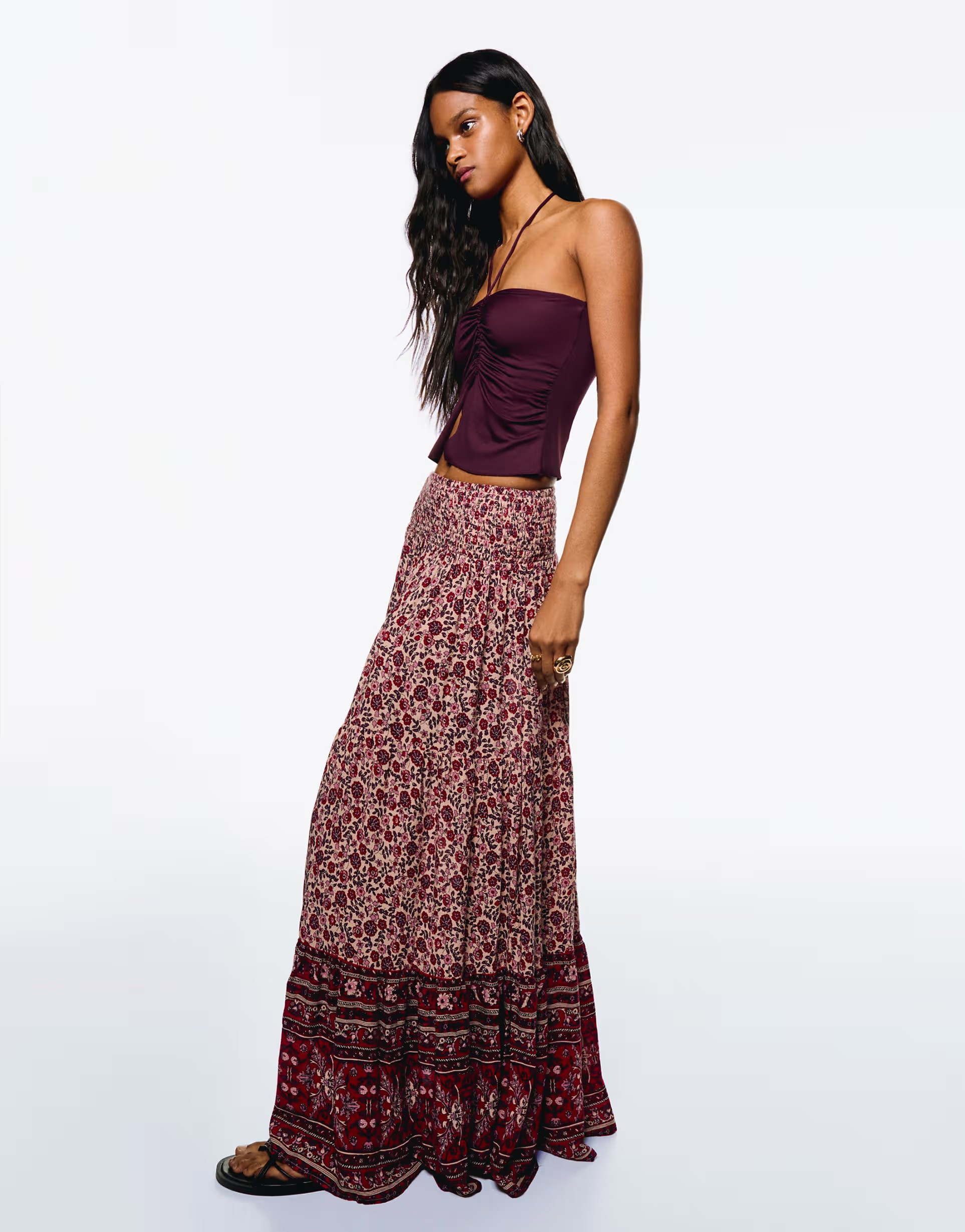 Bershka boho print maxi skirt in pink | ASOS (Global)
