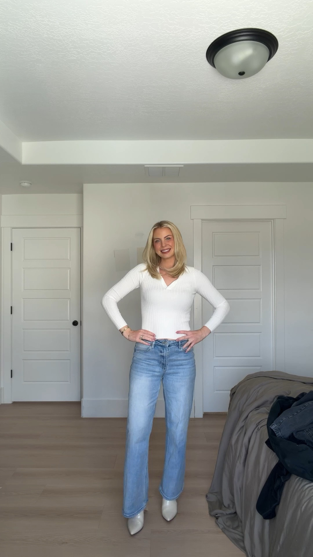 Today’s outfit!🤍 Ribbed collard sweater, mid rise jeans & booties. 

#LTKootd #LTKgrwm