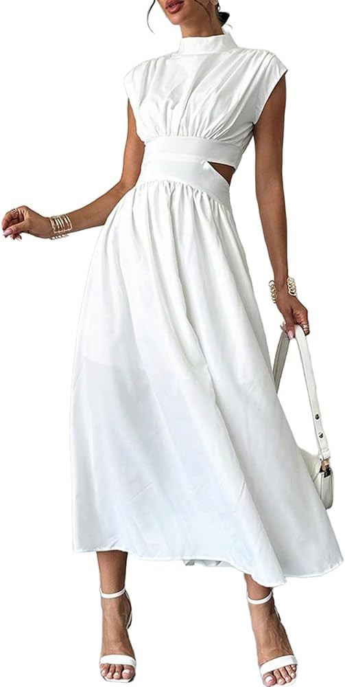 Milumia Women's Mock Neck Cut Out Dress Cap Sleeve Long Flowy Going Out Maxi Dresses with Pockets | Amazon (US)