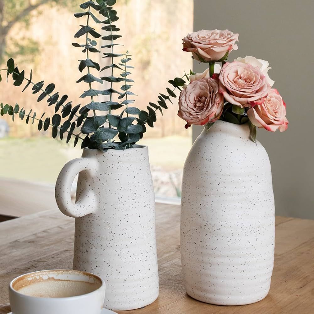 EASY365 Large White Ceramic Vase Set of 2(Jug Vase & Ellipse Vase), Rustic Farmhouse Flower Vase ... | Amazon (CA)