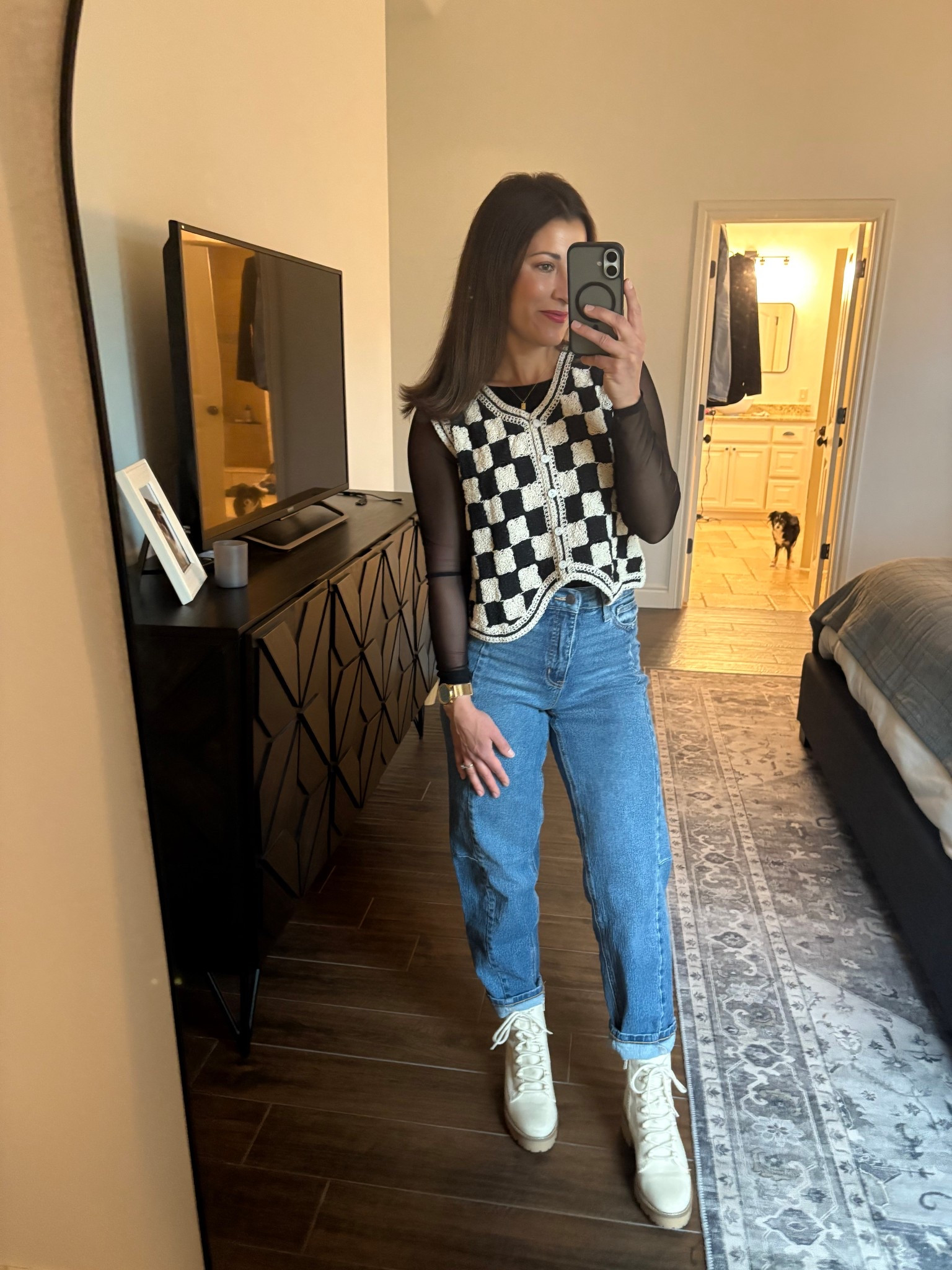 SHEIN checkered top. Amazon undershirt. Walmart bottom. Size down in jeans! 

Link to checkered sweater ($9): 
https://m.shein.com/us/Comfortcana-Checkered-Pattern-Asymmetrical-Hem-Button-Up-Sweater-Vest-In-Fall-Winter-p-10904848.html