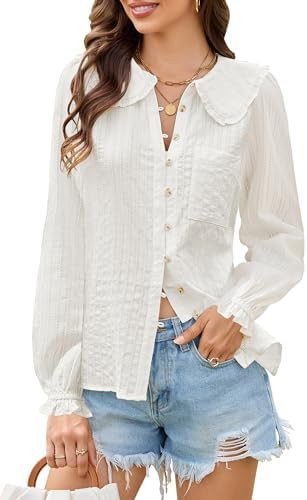 ECOWISH Women's Long Sleeve Shirts - Peter Pan Collar Button Down Blouse Dressy Casual Puff Cotto... | Amazon (US)