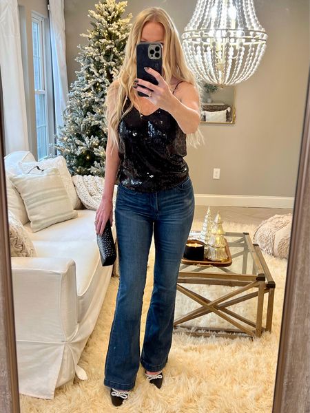 Affordable casual holiday outfit from Walmart! Black sequin tank paired with bootcut high rise jeans and pumps. Love the jeans! The fit is perfect for boots and heels. Sparkly bows on heels are adorable  

#LTKshoecrush #LTKHoliday #LTKstyletip