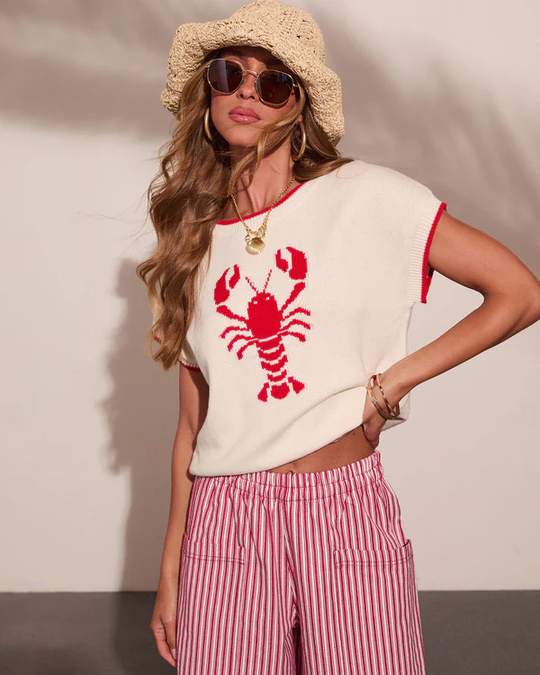 Red Claw Coastline Knit Graphic Lobster Print Sweater | VICI
