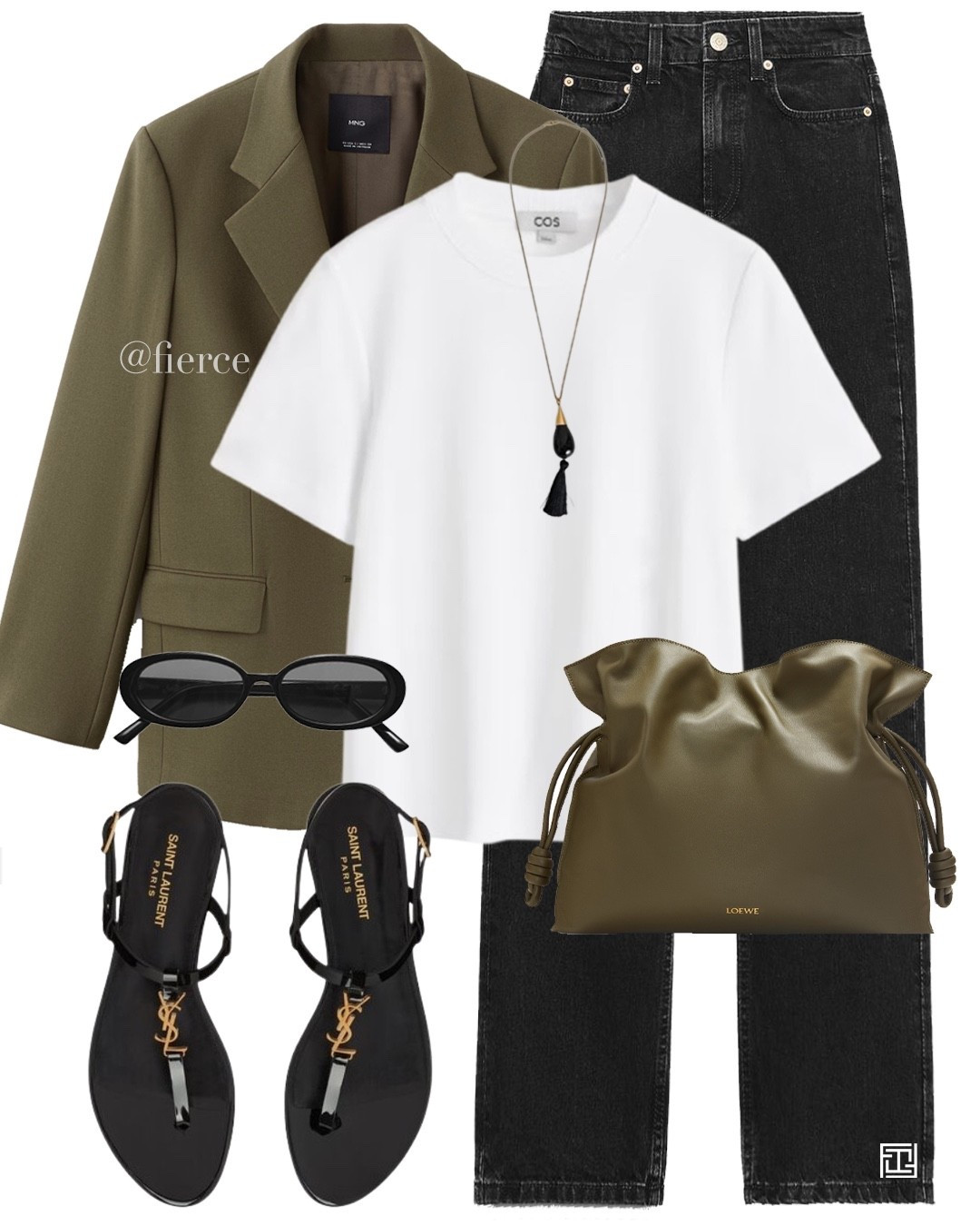 Khaki green blazer black jeans white tshirt Ysl flat thong sandals long necklace casual chic outfit 

#LTKuk #LTKeurope #LTKspring