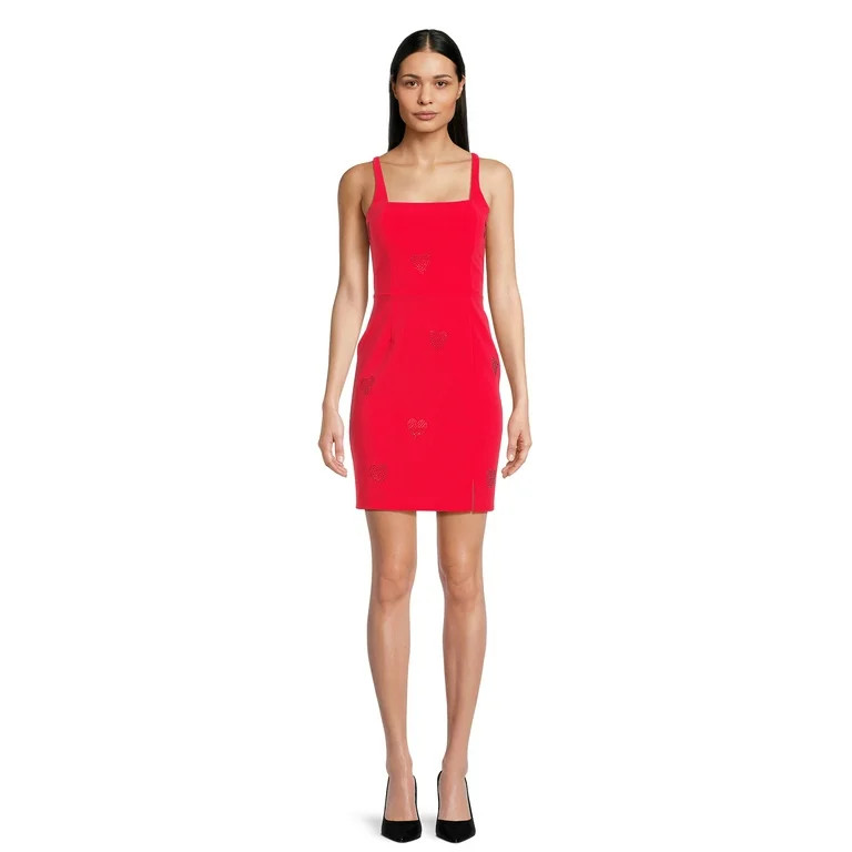 Planet Gold Juniors’ Square Neck Rhinestone Heart Mini Dress, Sizes XS-XXXL | Walmart (US)